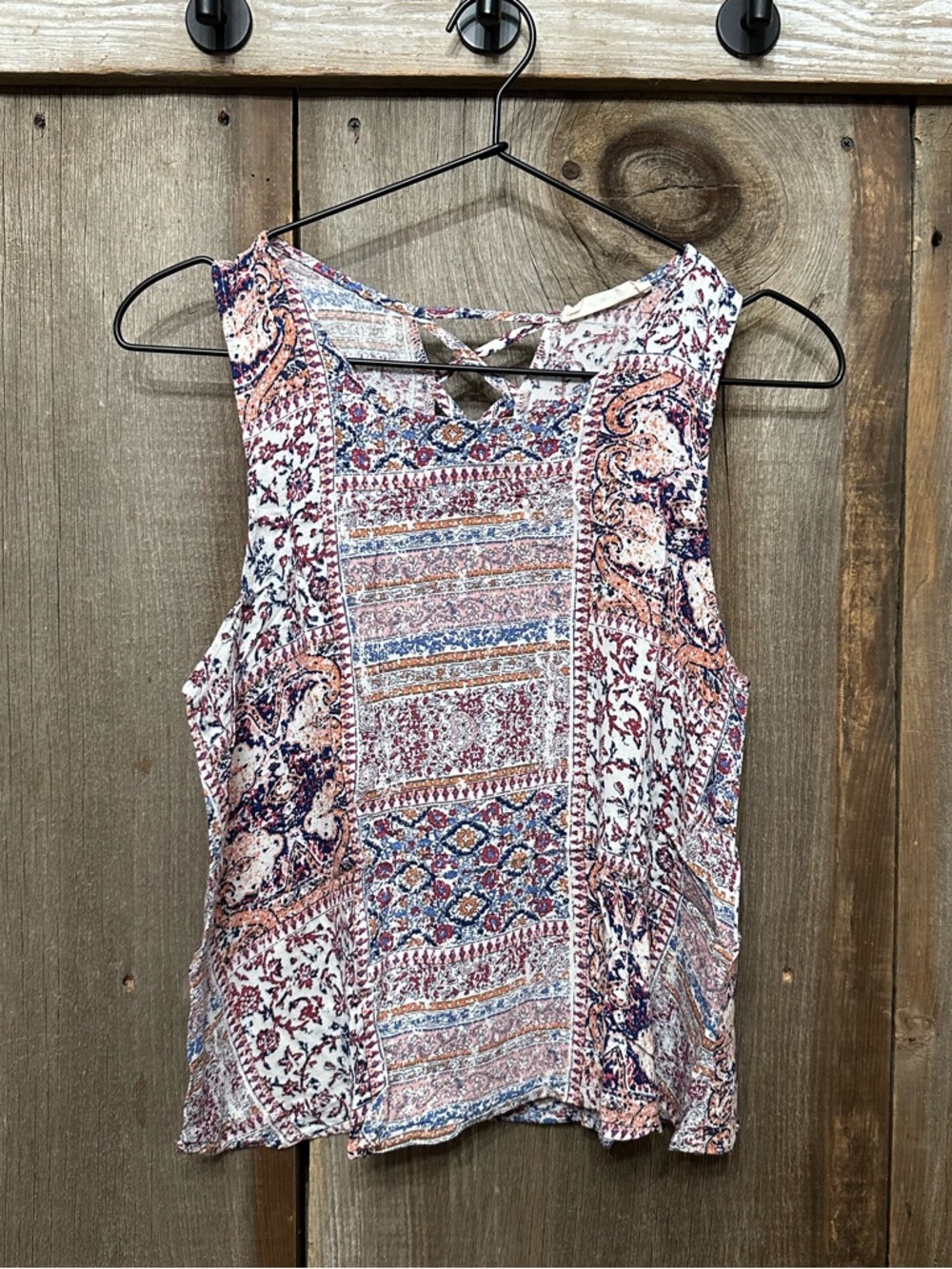 Elodie Tribal Print Bohemian Criss Cross Bank Tank Top in Cream Size Large